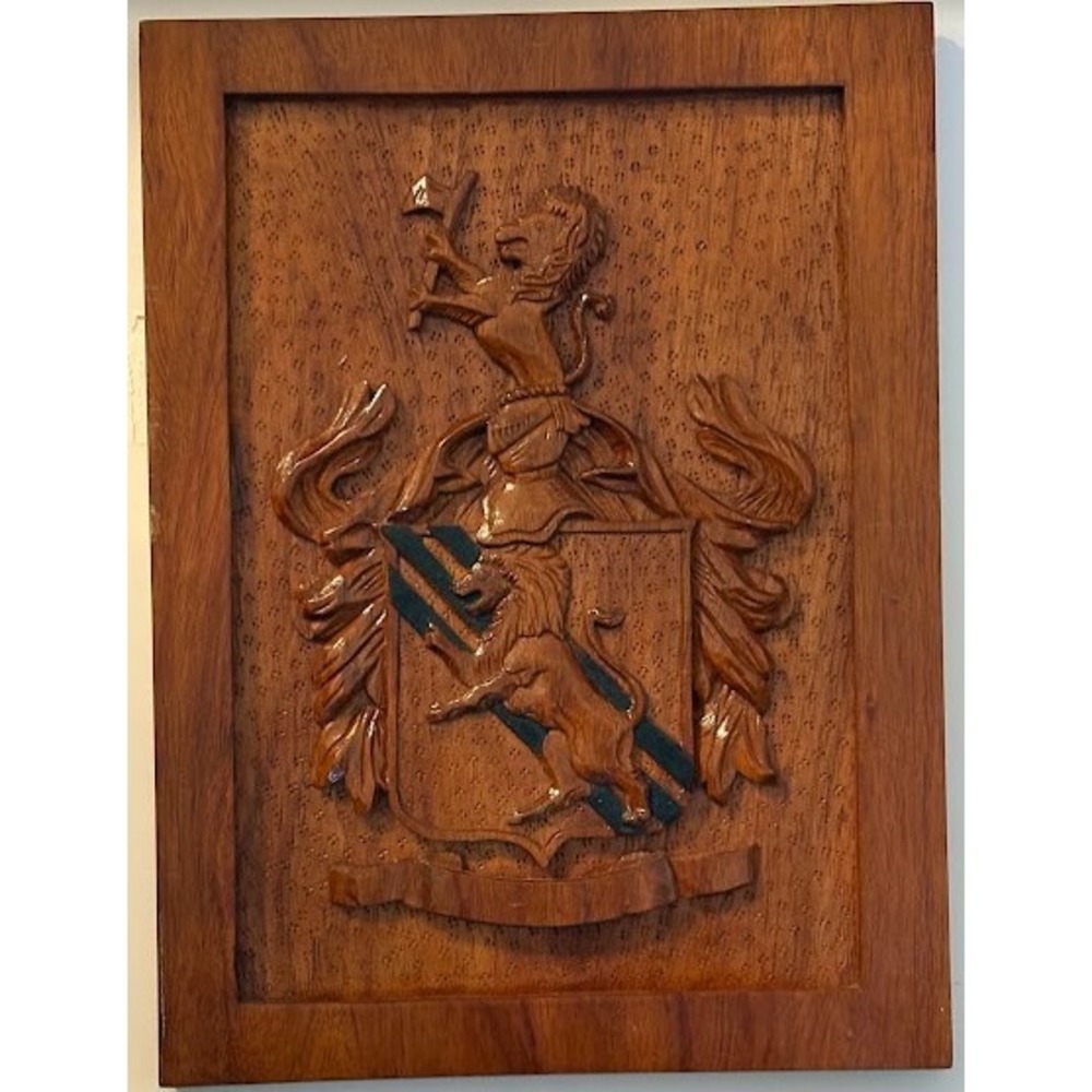 Vintage Hand Carved Wood Family Crest Coat of Arms Lion Plaque Wall Art